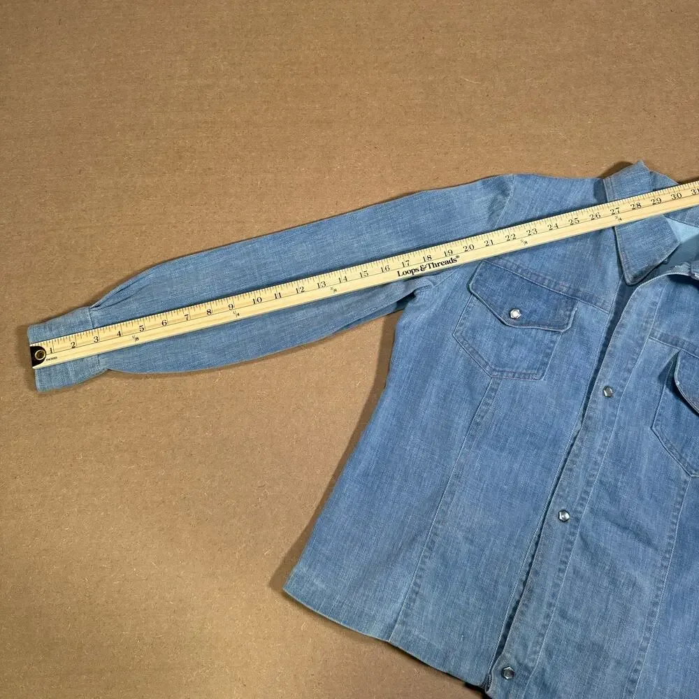 Vintage 1950s Denim Western Work Shirt Snap Button Single Stitch Ranch Faded S